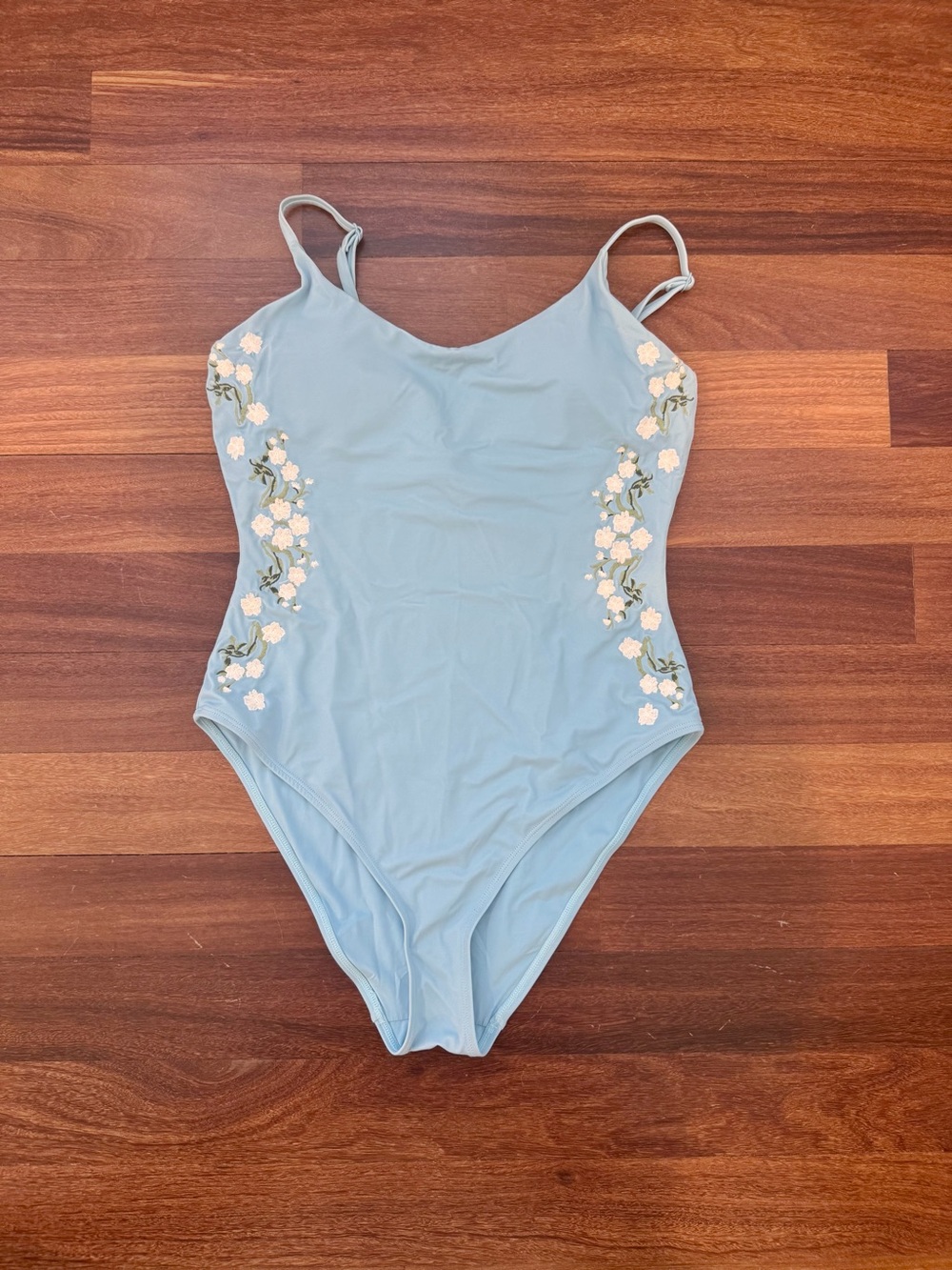 Andie x Fanm Mon Blue One-Piece Swimsuit with White Floral Embroidery